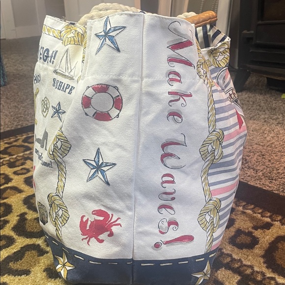 Brighton Nautical Rope Handle Beach Tote Bag – Anchor & Lifesaver Print, 16x15x8 - Picture 3 of 9